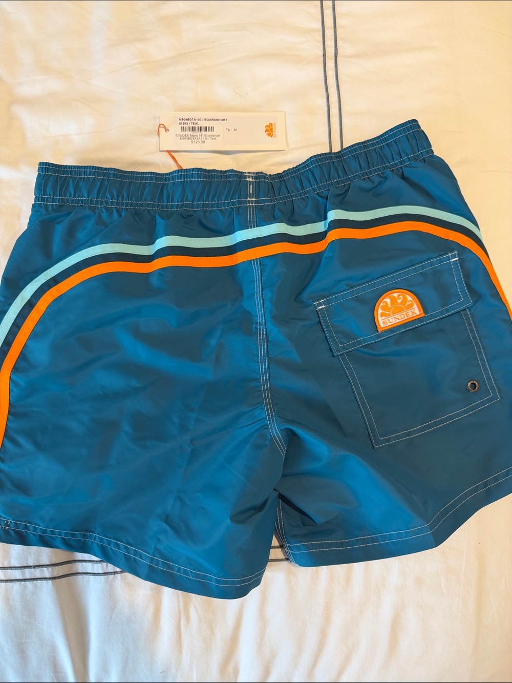 Sundek Teal Swim Shorts with Orange & Light Blue Stripe Detail